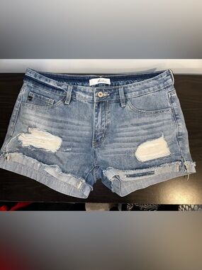 Washed Blue Distressed Denim Shorts - Women